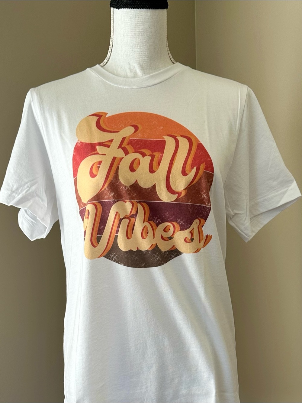 Bella Canvas White Tee with Orange, Red & Brown Retro 'Fall Vibes' Graphic